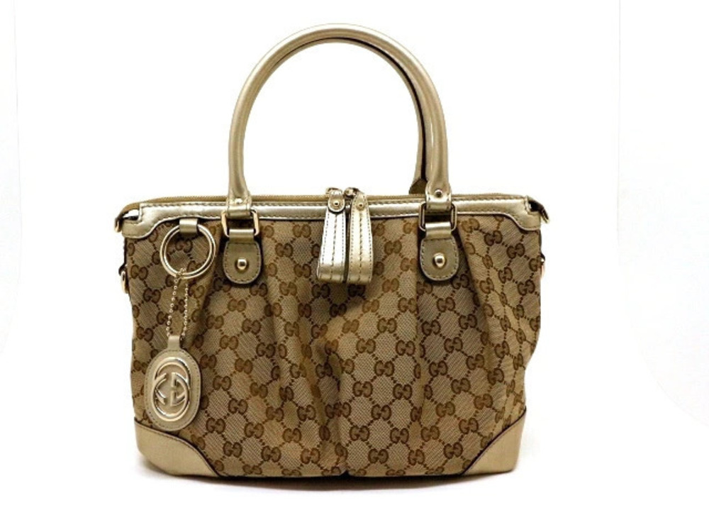 Gucci Bag Shoulder Handbag Canvas Leather Beige Cream Gold Sukey